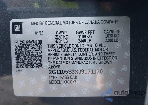 2018 Chevrolet Impala 1Lt from USA, damaged, VIN 2G1105S3XJ9171170
